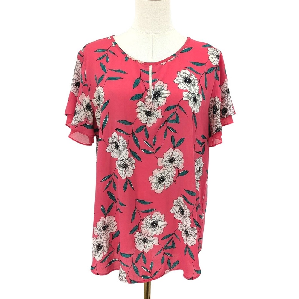 Floral Chiffon Blouse‎ Flutter Sleeve Pink Spring Top Size M Van Heusen Floral